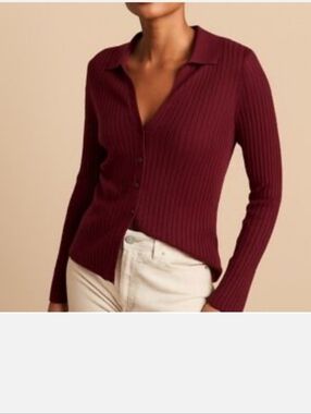 Abercrombie Slim Ribbed Merino Wool Button Front Collared Top In Burgundy